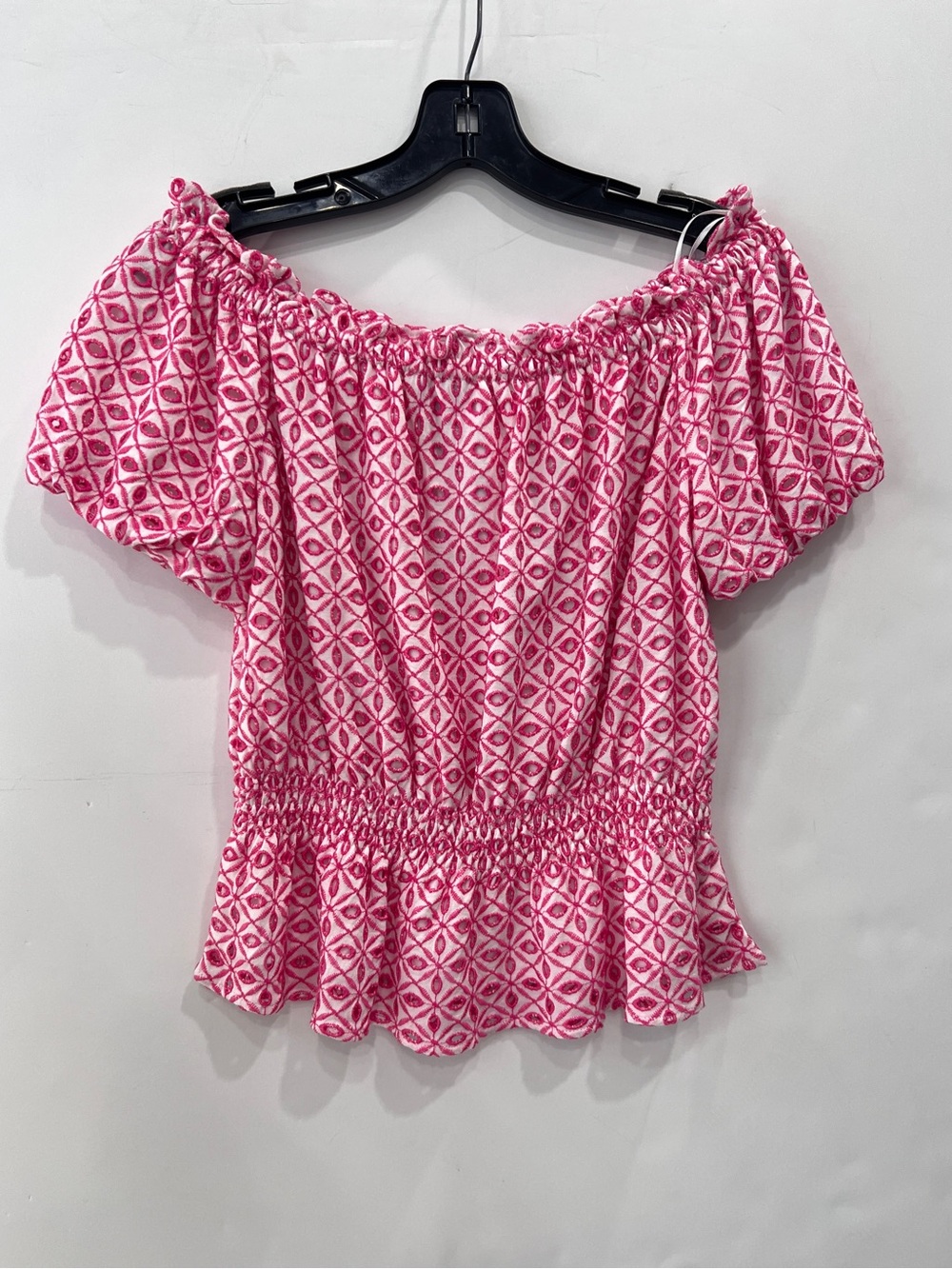 Aqua pink white embroidered off the shoulder peplum blouse shirt size medium